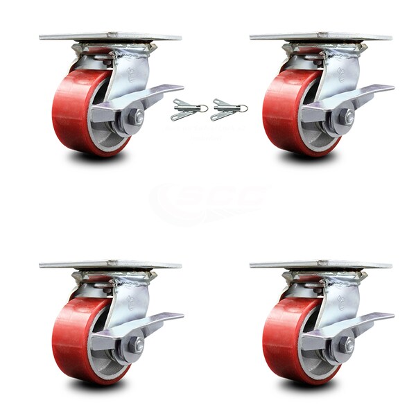 Service Caster 4 Inch Poly on Cast Iron Caster Set with Ball Bearing 4 Brake and 2 Swivel Lock SCC-35S420-PUB-RS-SLB-BSL-2-SLB-2 - main